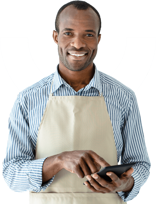 Photo of a man in an apron receiving his tips thanks to digital tipping software.