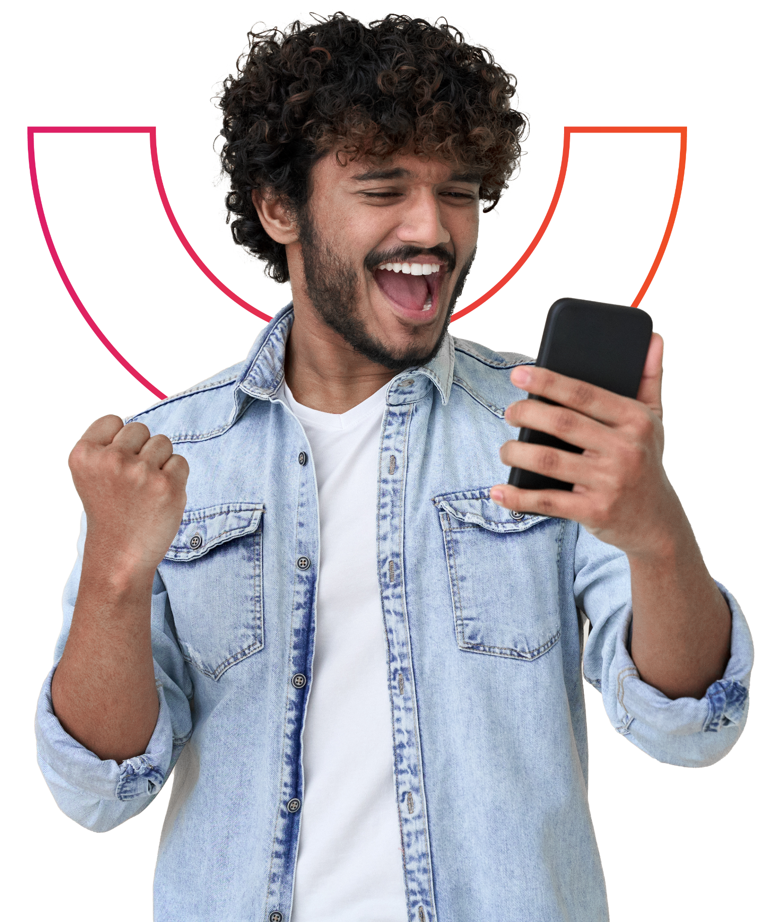 Happy man excited by what he is seeing on his phone