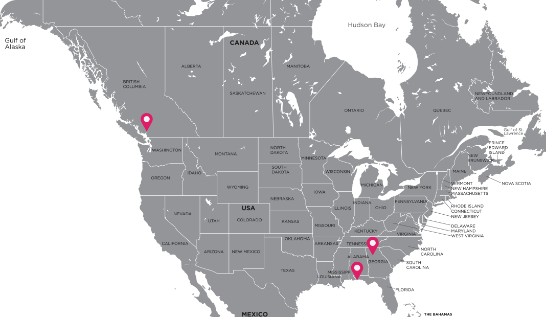 A map showing Instant's three HQ locations in Vancouver, BC, Atlanta, GA, and Pensacola, FL