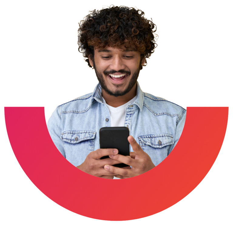 Happy employee on mobile phone surrounded by Instant smile logo