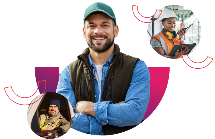 blue collar worker smiling wearing hat