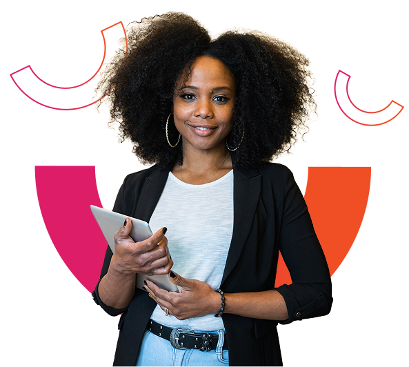 young woman smiling with tablet