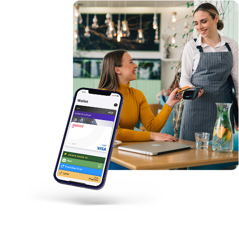 female cafe customer paying employee with card