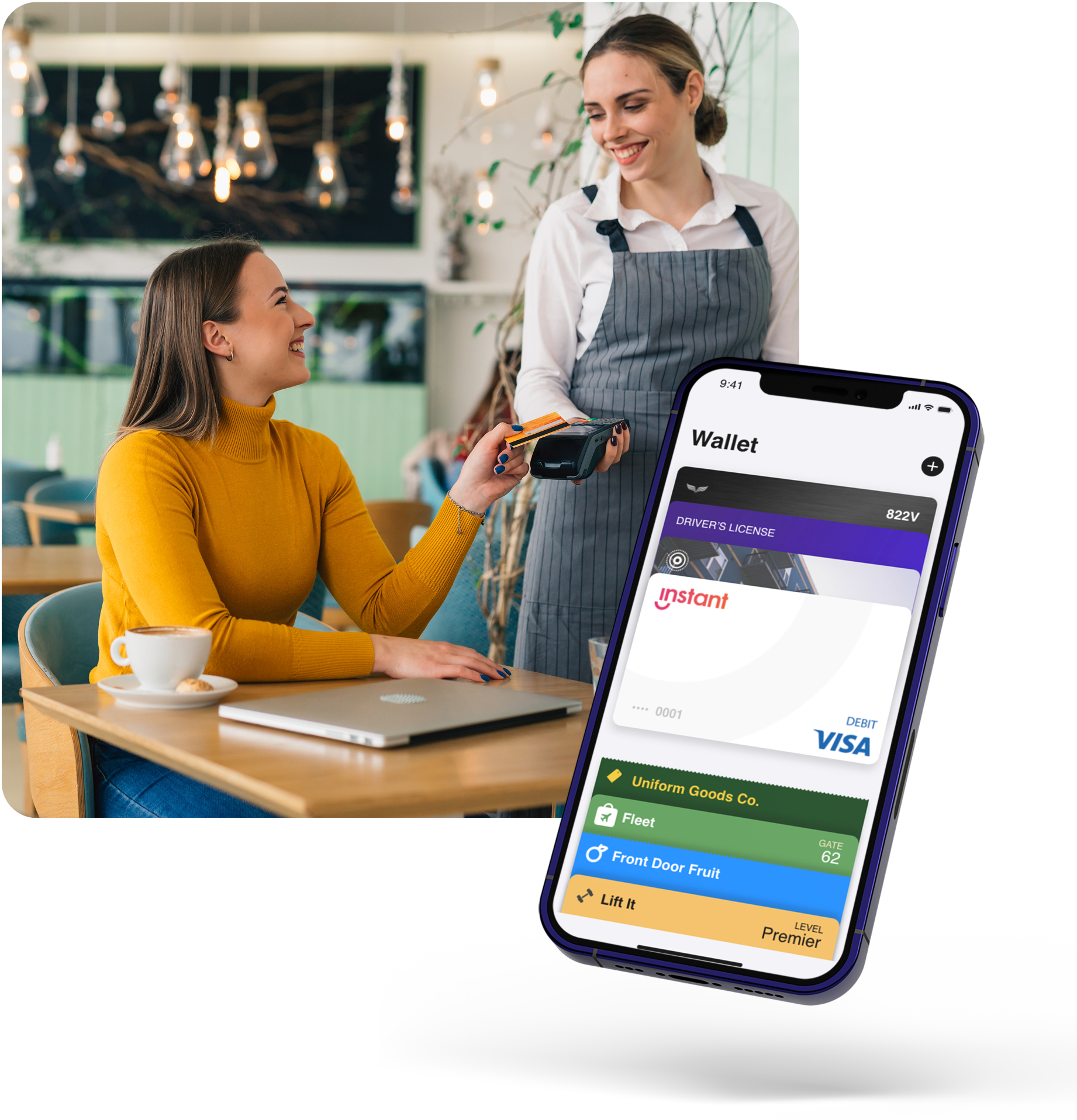 young cafe customer paying cafe employee with instant digital card