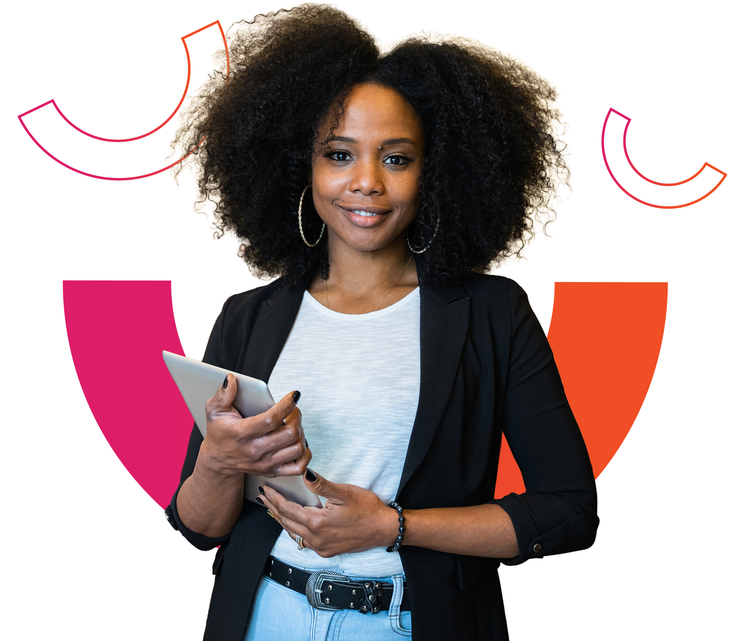 young woman smiling holding tablet