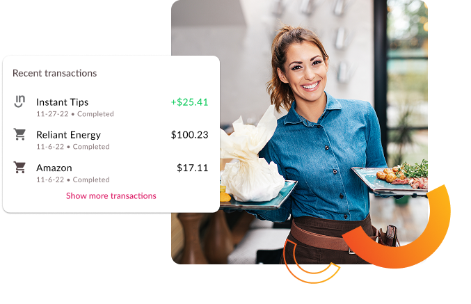 young restaurant server smiling holding plates of food
