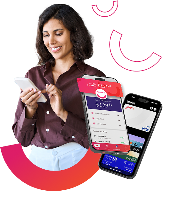 woman smiling at phone with instant app and instant digital card wallet
