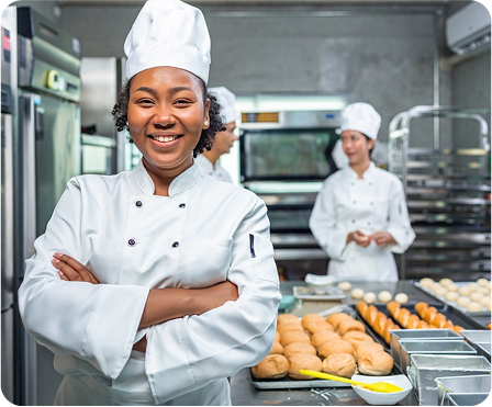 restaurant chef in chef coat arms crossed smiling in kitchen