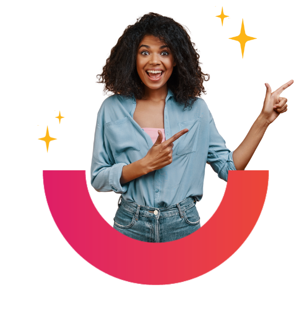 young woman smiling and pointing to her left