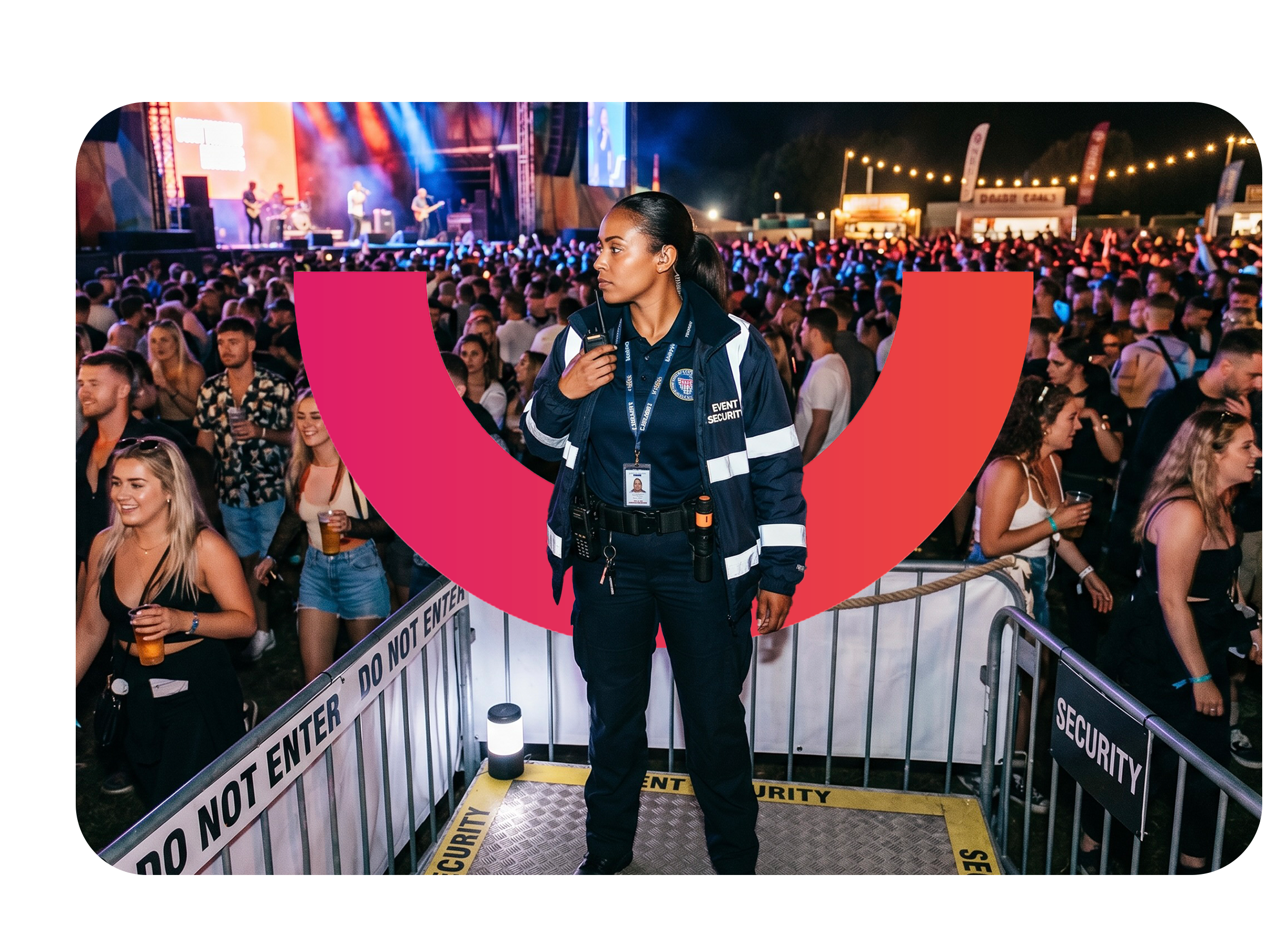 Event security guard at a music festival. Earned wage access and payroll solutions for security companies.