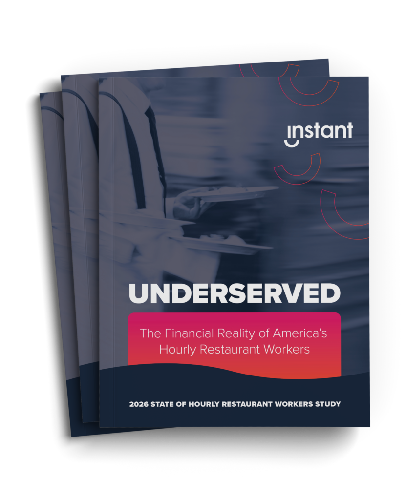 A stacked set of dark blue reports with the word "UNDERSERVED" in bold white letters and pink gradient shapes, resembling a study cover about hourly restaurant workers.